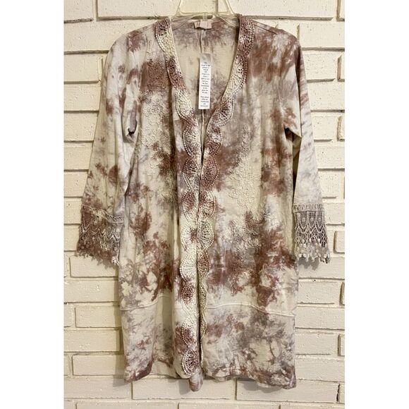 LOGO Lavish Lori Goldstein Tan Tie Dye Lace Trim Embroidered Cardigan Size‎ XXS - Picture 1 of 7